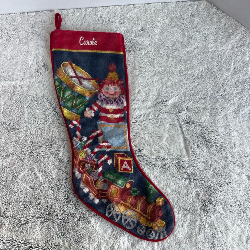 Vintage Needlepoint Beaded Personalized Red and Navy Christmas Stocking - Carole